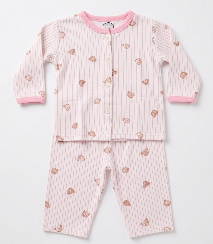 Baby Girl Pink Striped Teddy Bear Pajama Set - Long Sleeve Cotton Nightwear