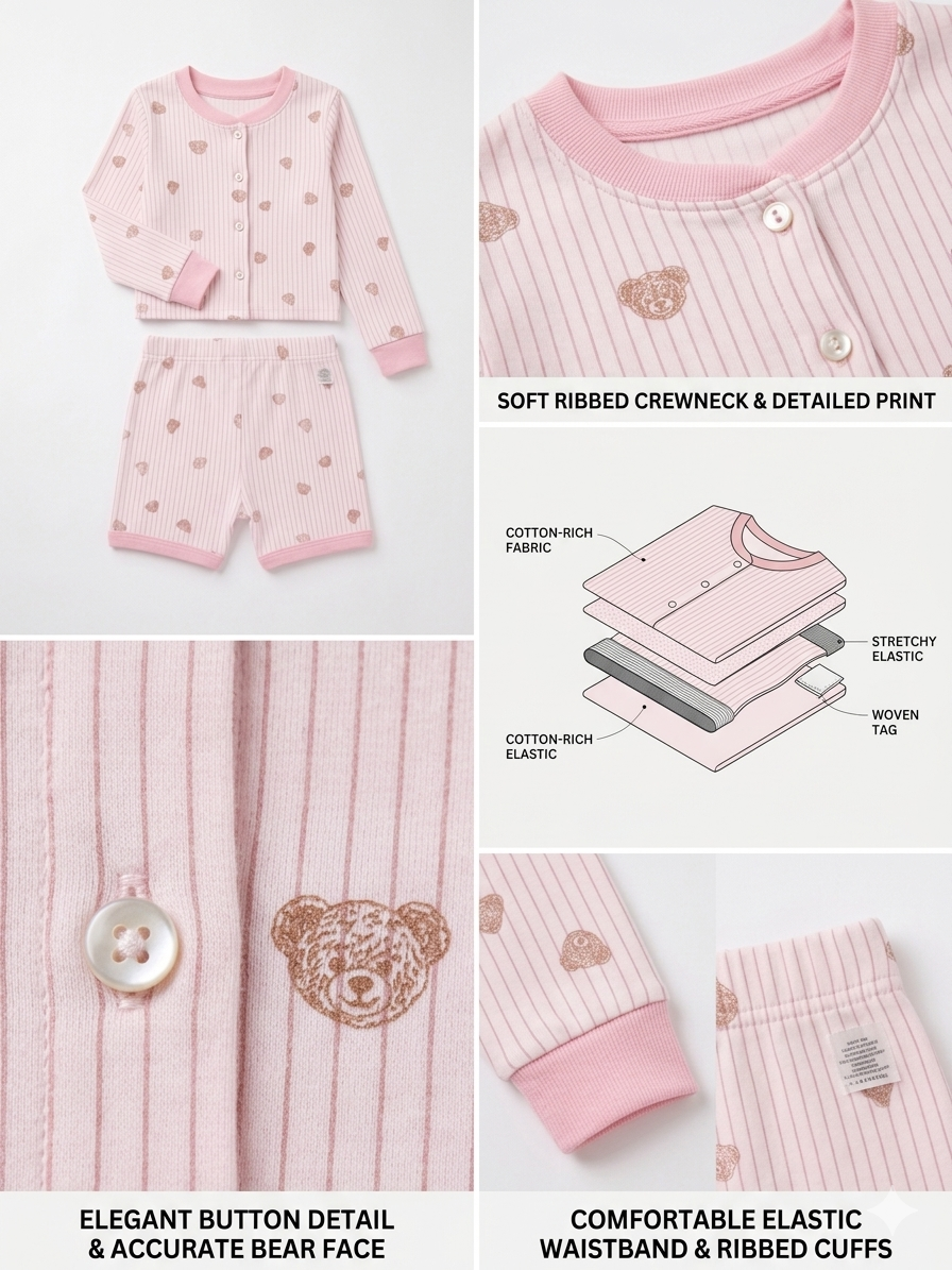 Baby Girl Pink Striped Teddy Bear Pajama Set - Long Sleeve Cotton Nightwear