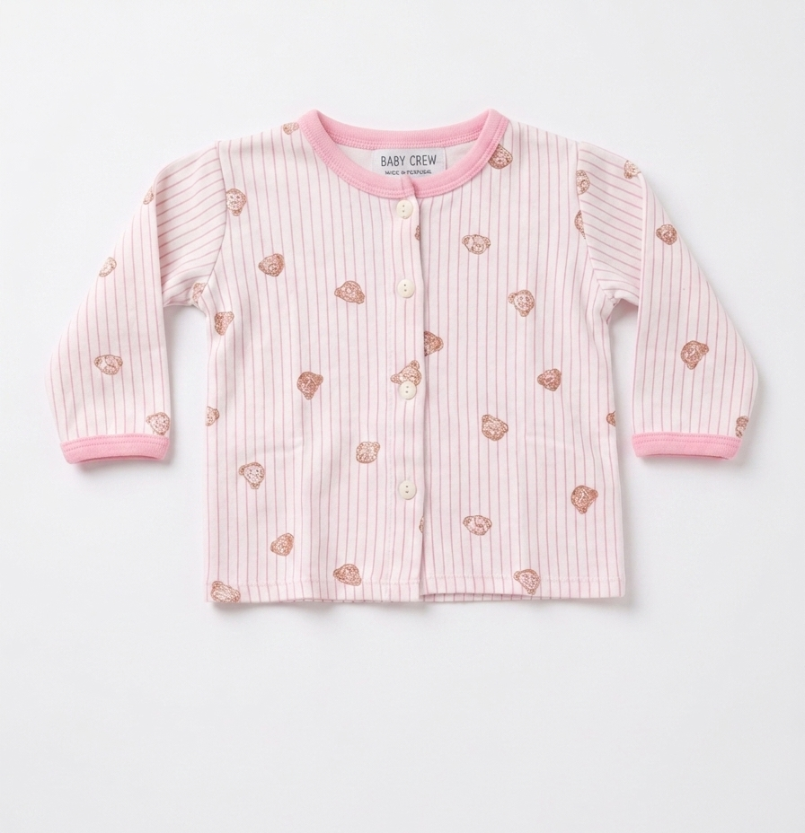 Baby Girl Pink Striped Teddy Bear Pajama Set - Long Sleeve Cotton Nightwear
