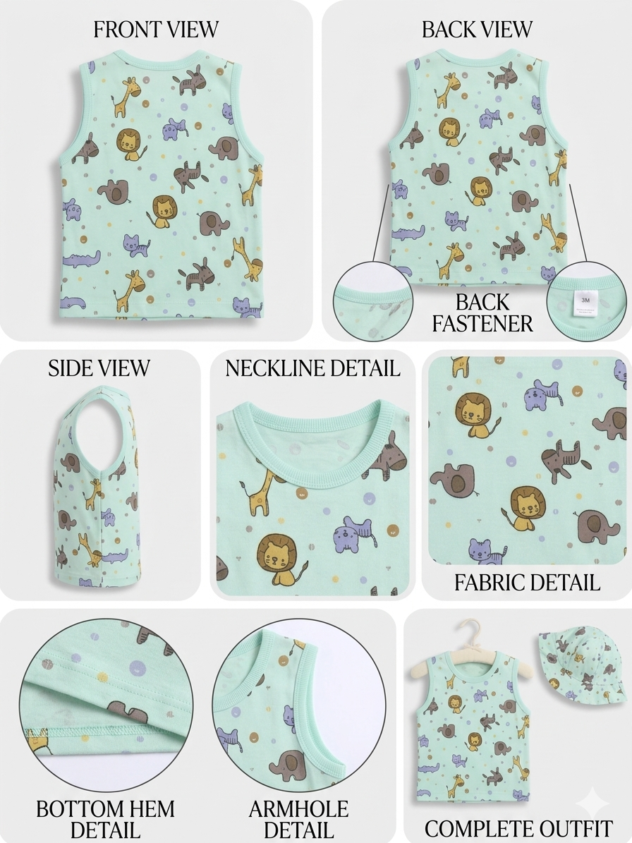 Mint Green Safari Animal Print Baby Summer Set – 2-Piece Sleeveless Top & Shorts