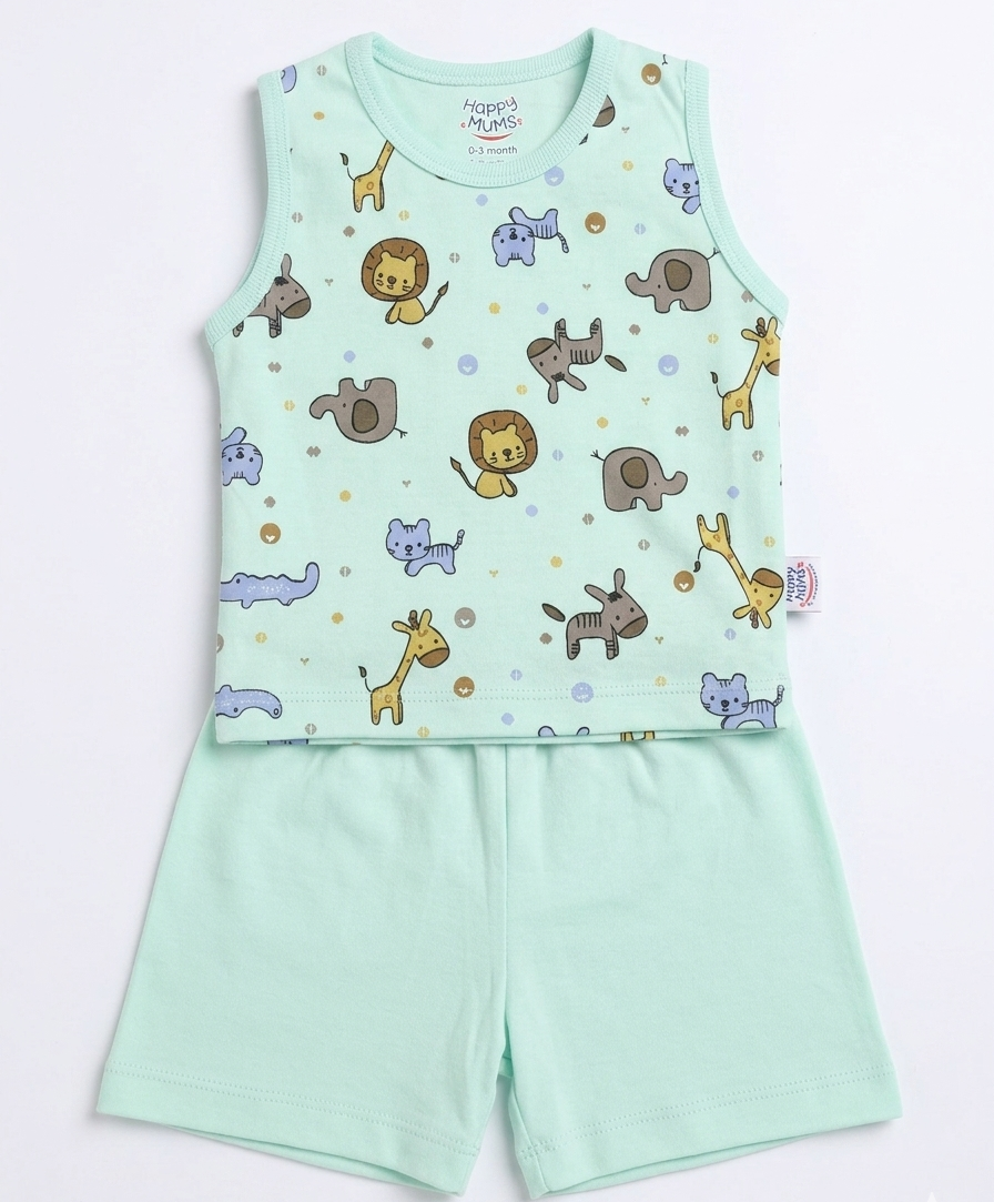 Mint Green Safari Animal Print Baby Summer Set – 2-Piece Sleeveless Top & Shorts