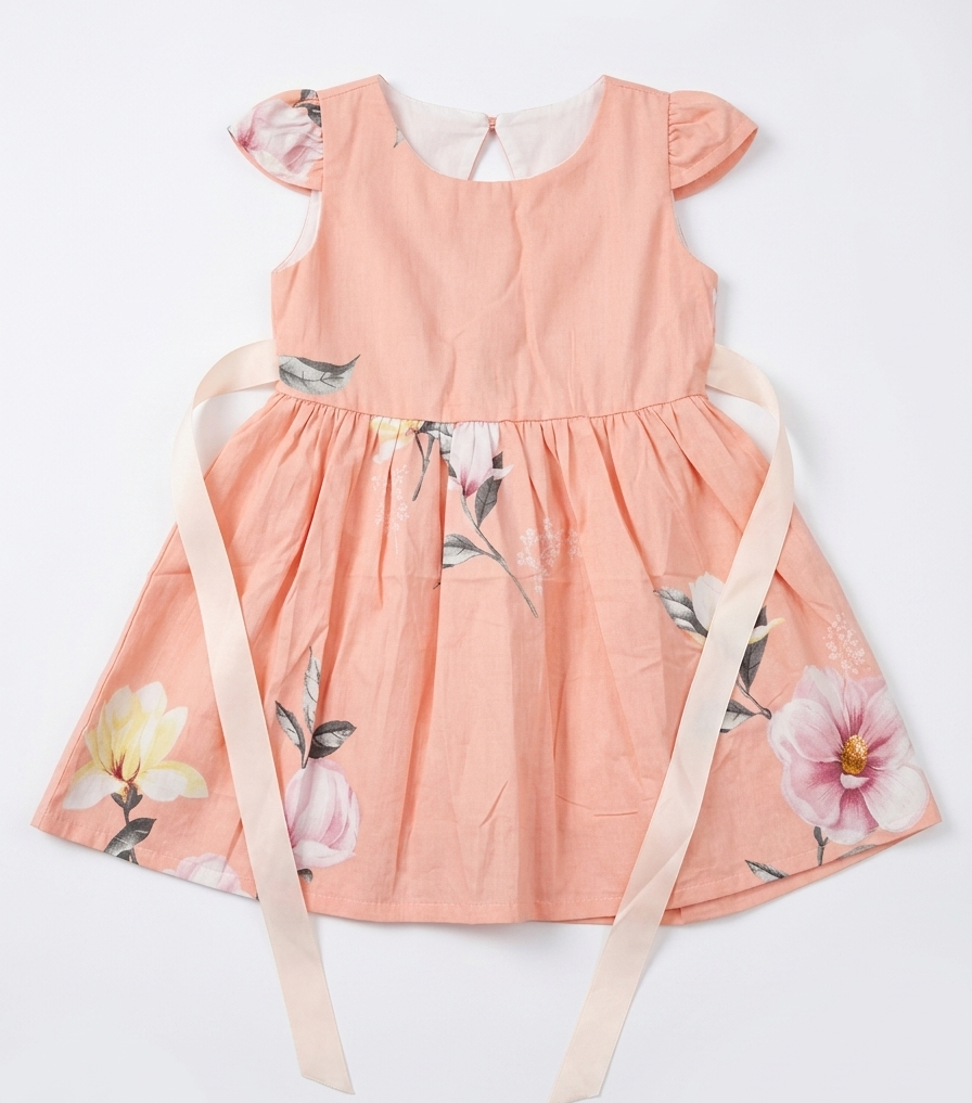 Peach Blossom Elegance – Cotton Floral Frock for Baby Girls