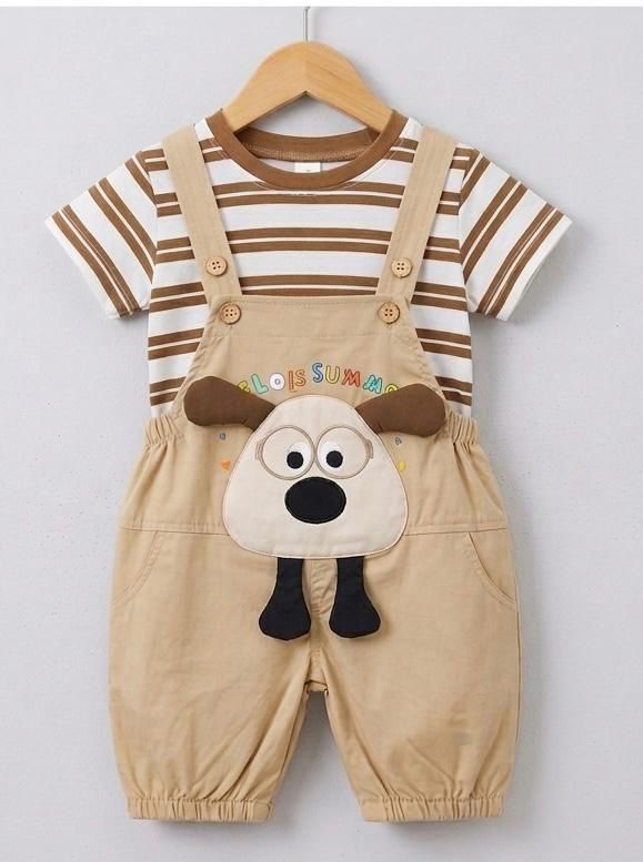 TinyWorld Toddler Boys' Striped Tee and Cartoon Dog Overall Set