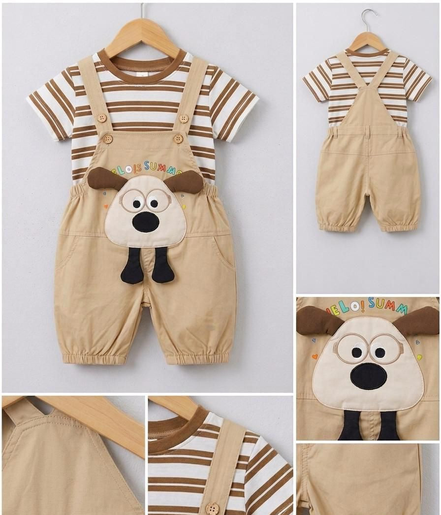 TinyWorld Toddler Boys' Striped Tee and Cartoon Dog Overall Set