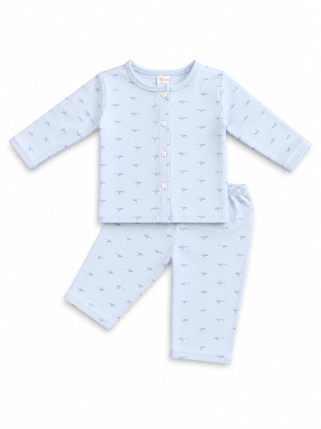 Baby Blue Fish Print Cotton Pajama Set – 2-Piece Long Sleeve Sleepwear