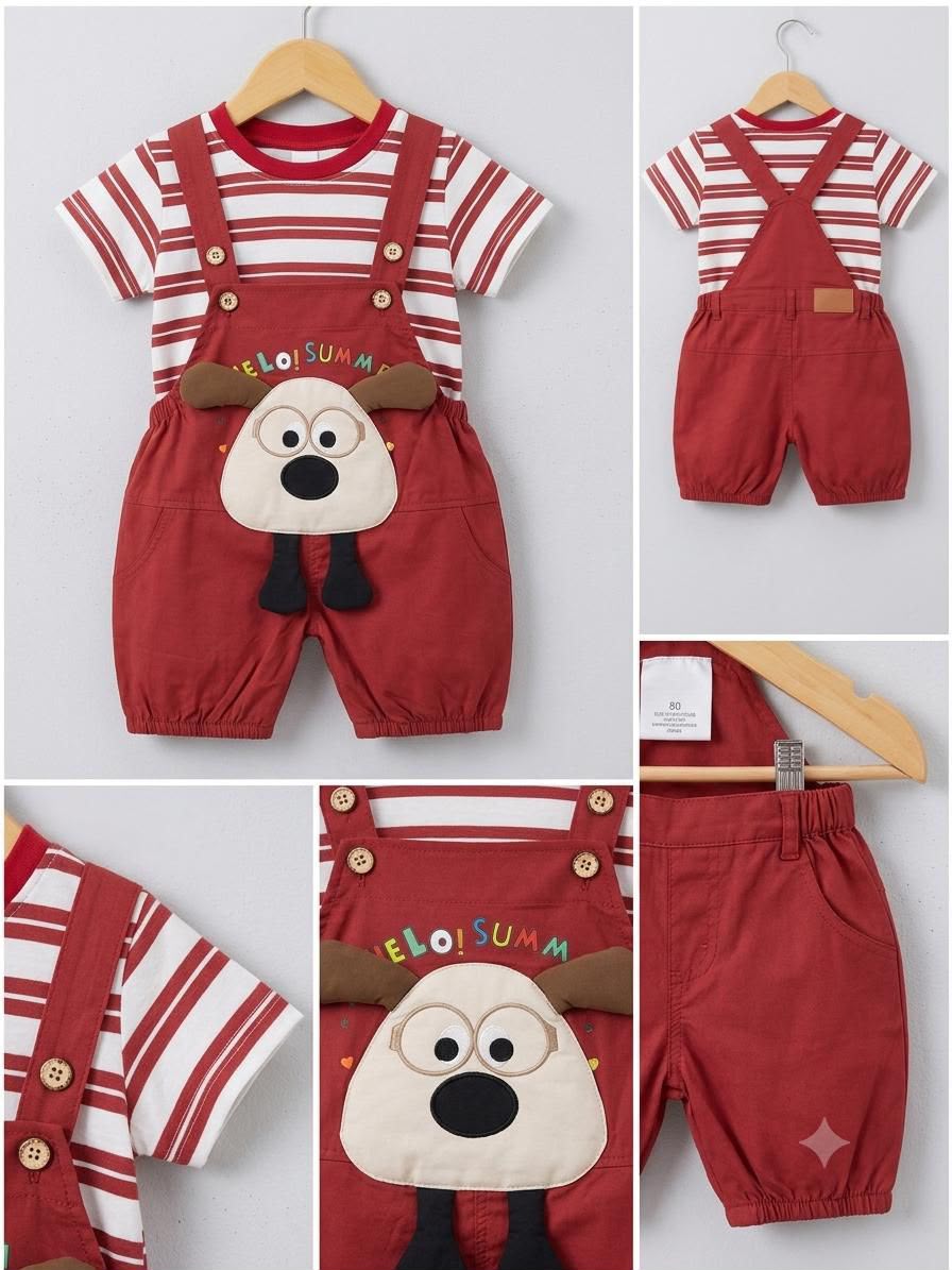 TinyWorld Toddler Boys' Striped Tee and Cartoon Dog Overall Set