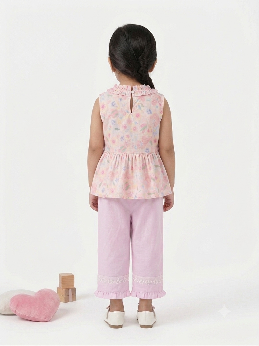 Toddler Girls' Floral Ruffle-Trim Peplum Top and Lace-Detail Pants Set
