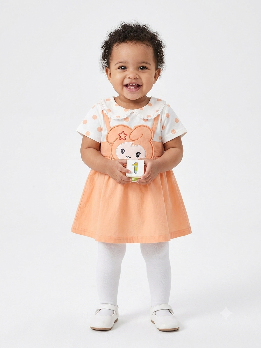 Cheerful Orange Character Pinafore Dress