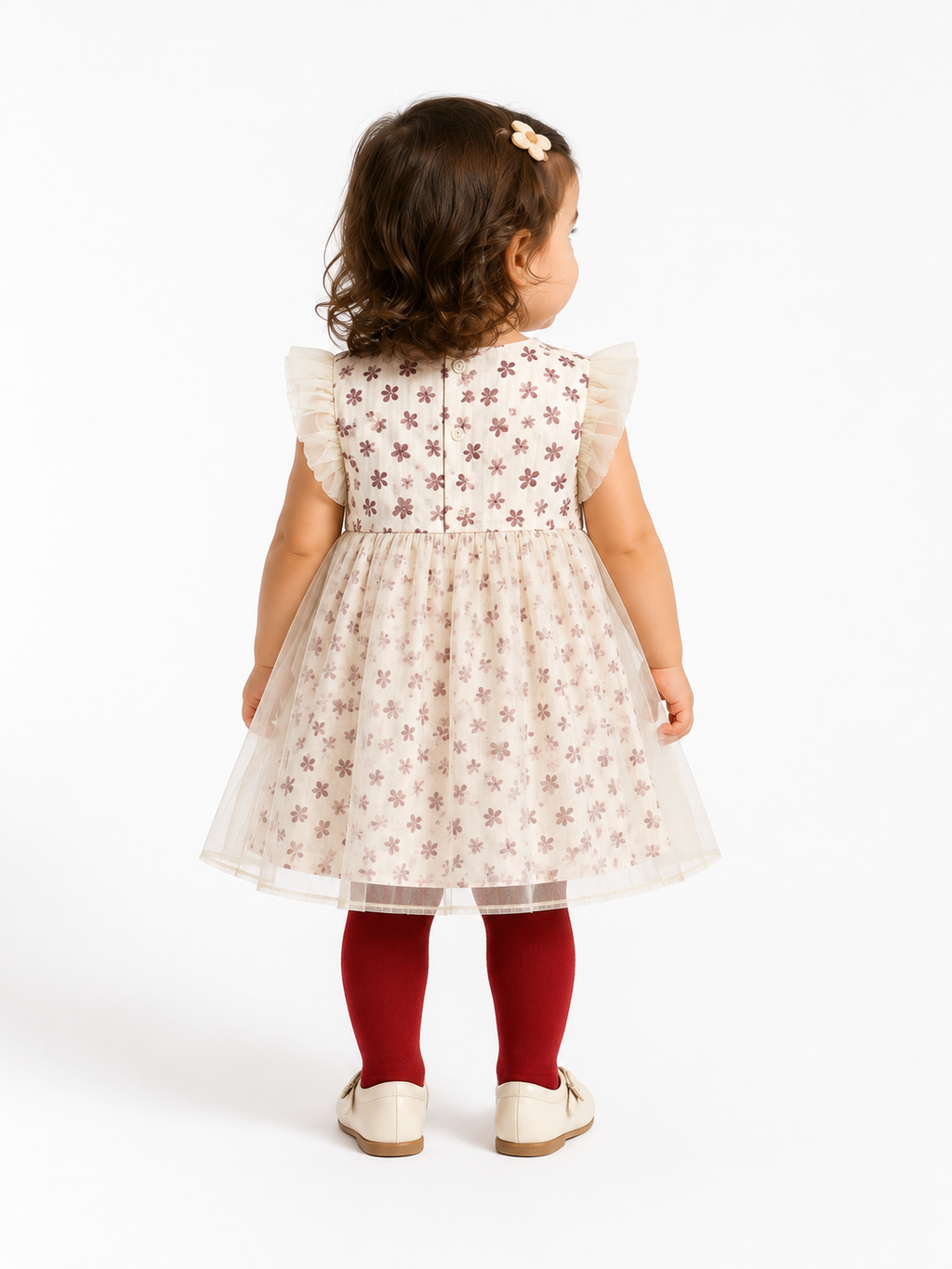 Floral Tulle Flutter-Sleeve Dress