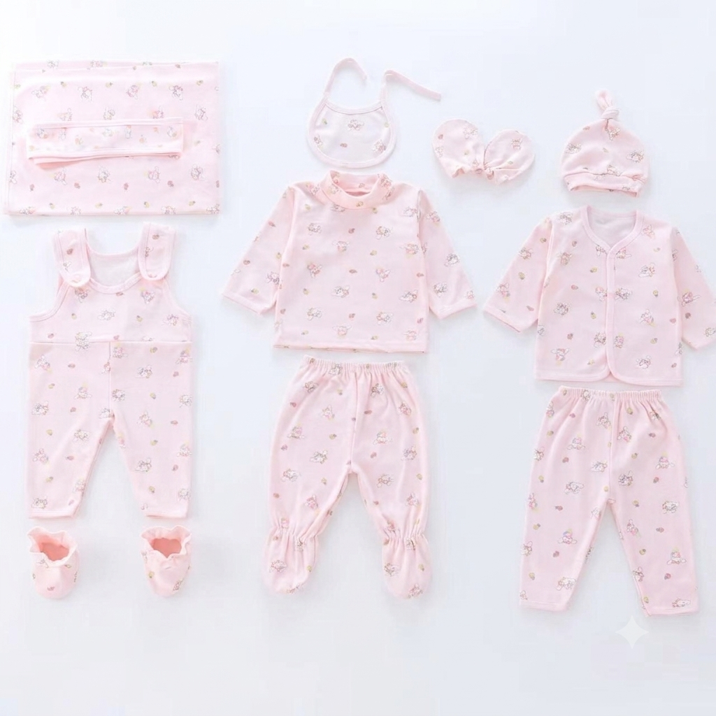 Deluxe 12-Piece Newborn Baby Layette & Essentials Gift Set – Soft Pink Cartoon Print