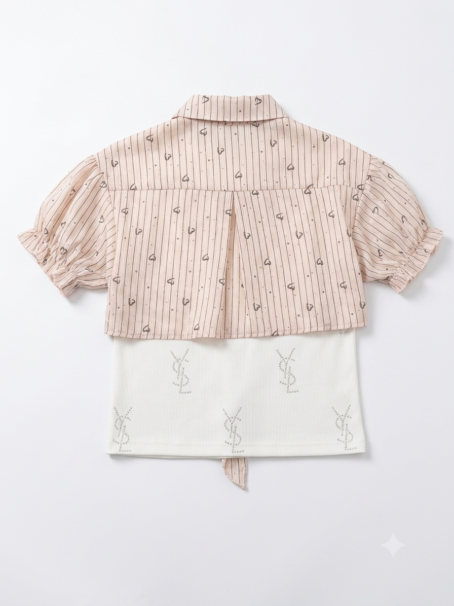Sweet Heart Print Layered Crop Shirt & Ribbed Inner Top