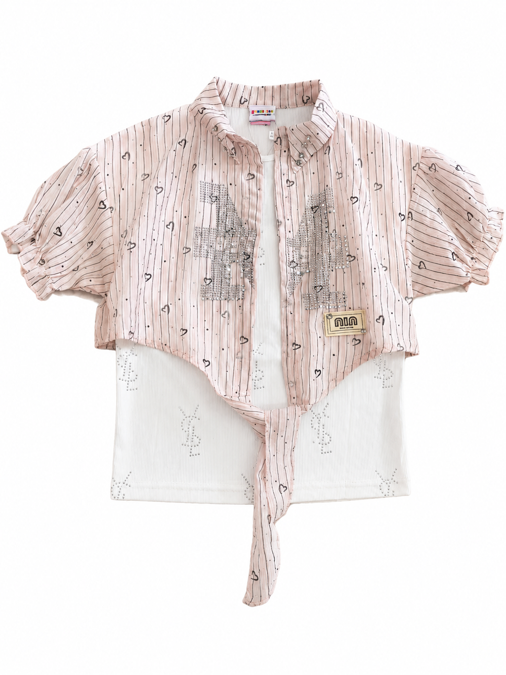 Sweet Heart Print Layered Crop Shirt & Ribbed Inner Top
