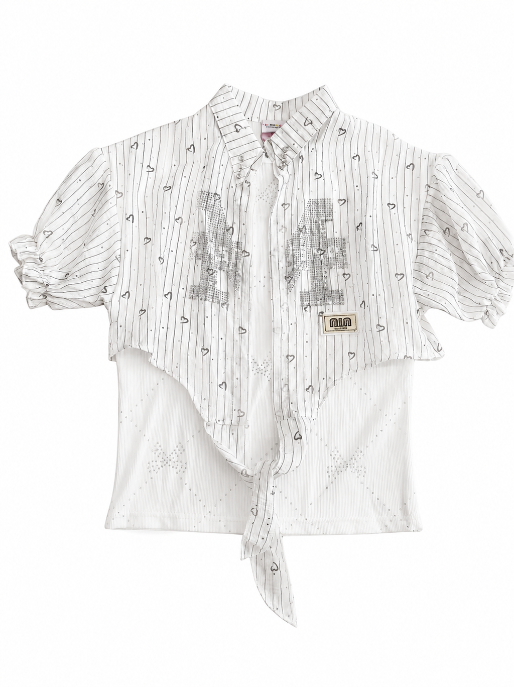 Preppy Puffer-Sleeve Heart Print Layered Blouse