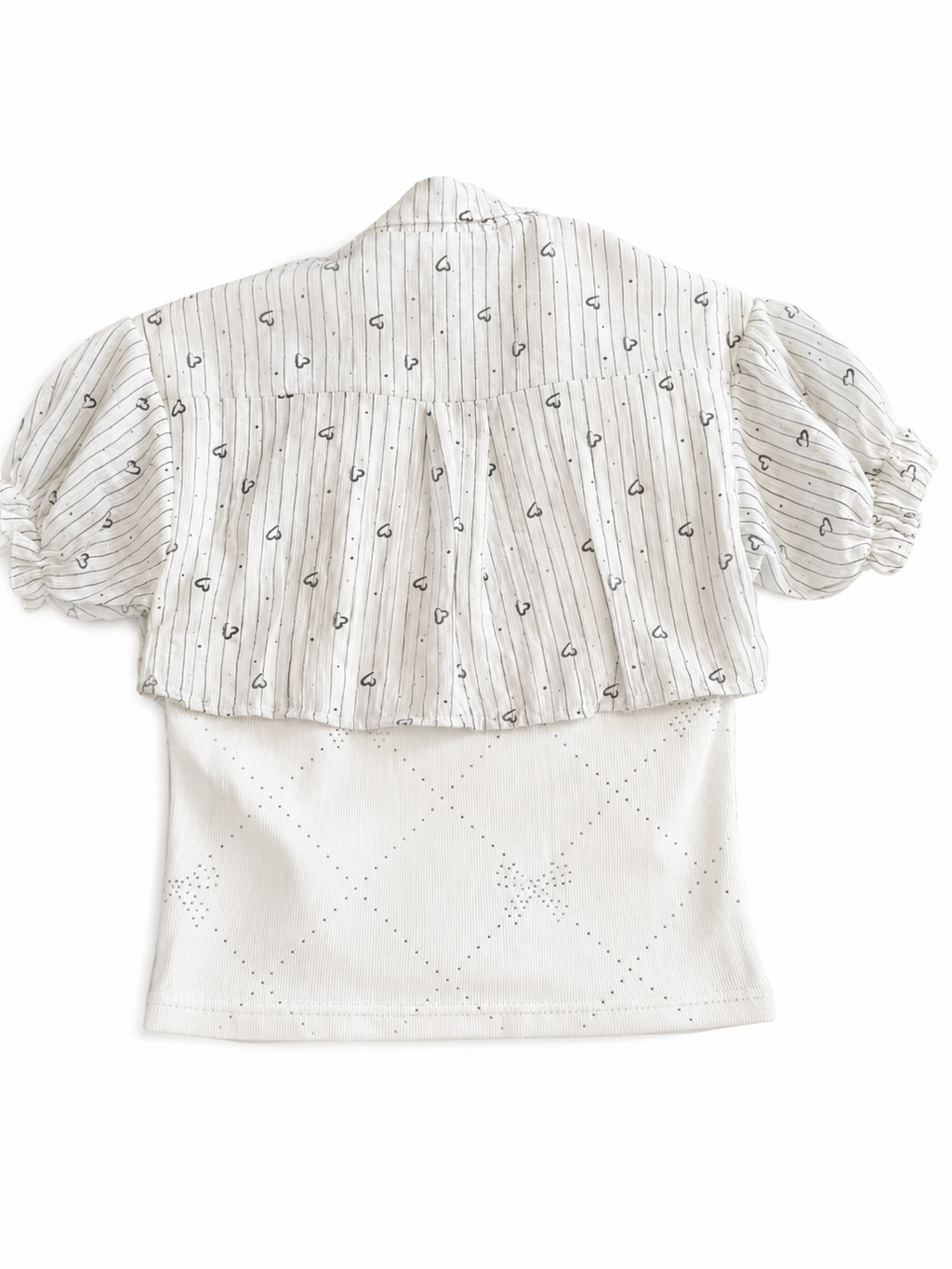 Preppy Puffer-Sleeve Heart Print Layered Blouse