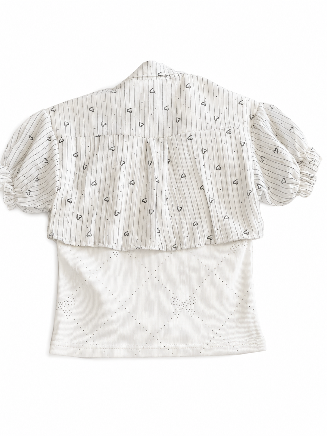 Preppy Puffer-Sleeve Heart Print Layered Blouse