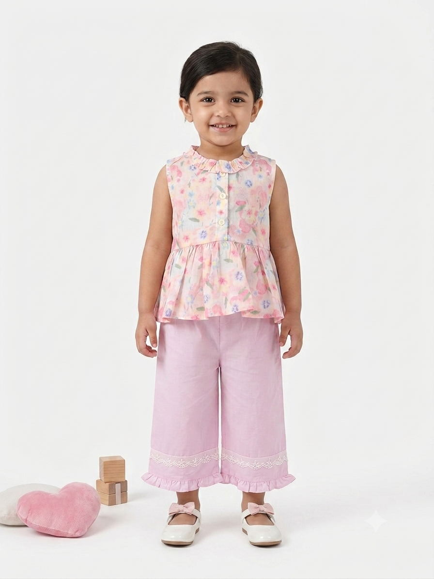Toddler Girls' Floral Ruffle-Trim Peplum Top and Lace-Detail Pants Set