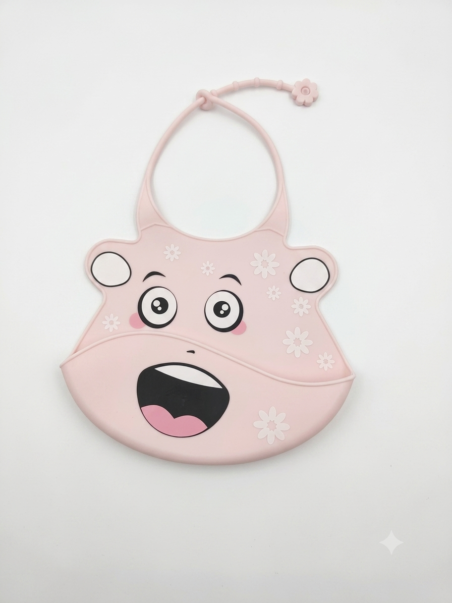 Cheerful Floral Character Silicone Baby Bib – Pastel Pink