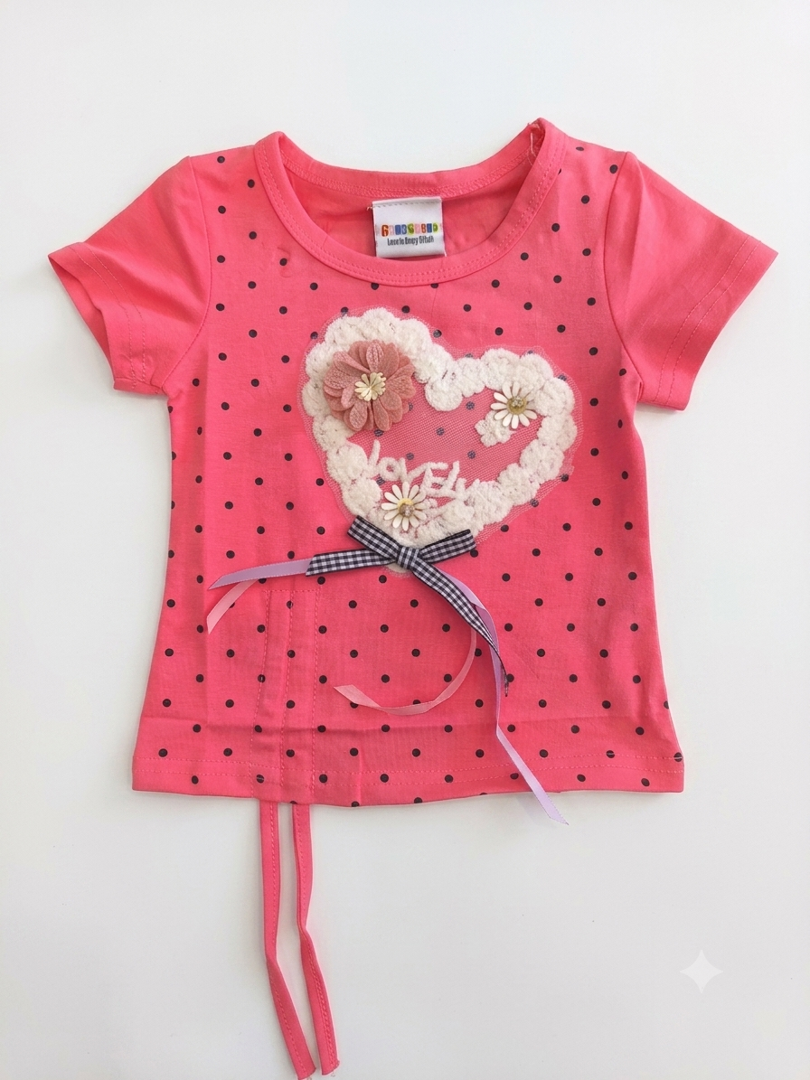 Girls' Pink Polka Dot Heart-Embellished T-Shirt.